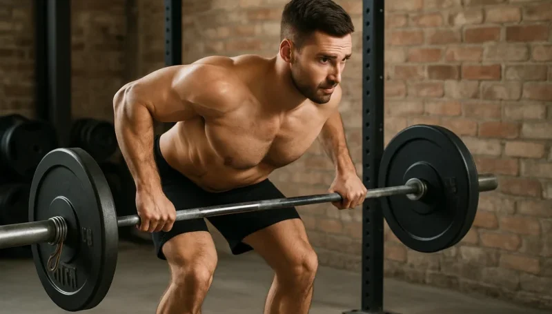 Muškarac izvodi veslanje u pretklonu sa šipkom – odlična složena vežba za jačanje leđa i zadnje lože.