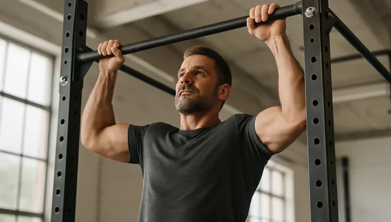 Muškarac izvodi zgibove na šipci – efektna vežba za izgradnju leđa, bicepsa i snage hvata.