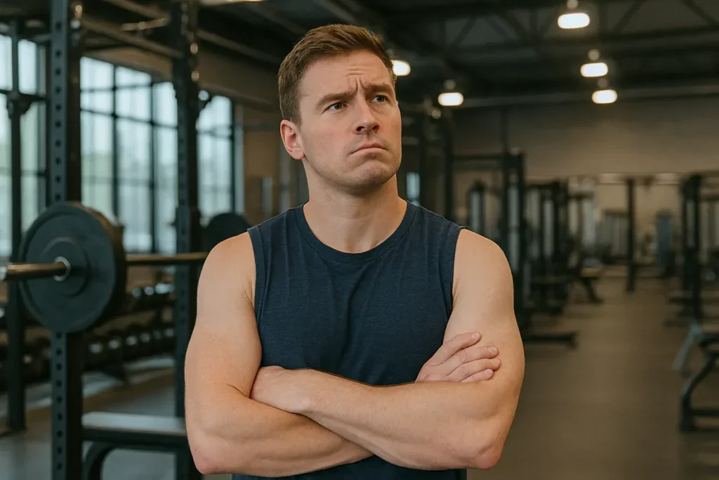 Muškarac u majici bez rukava stoji u teretani s prekrštenim rukama i zamišljenim izrazom lica – pita se zašto mu se mišići ne vide uprkos svakodnevnom treniranju.