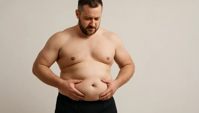 Muškarac gleda u svoj stomak sa zabrinutim izrazom lica – traži način da smrša i vidi rezultate vežbanja.