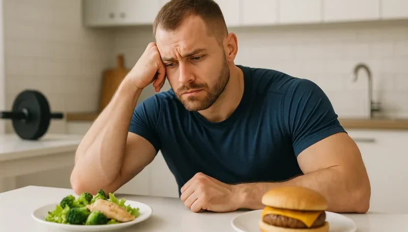 Muškarac zamišljeno gleda u tanjir sa zdravom hranom dok pored njega stoji pljeskavica – dvoumica između ishrane i užitka.
