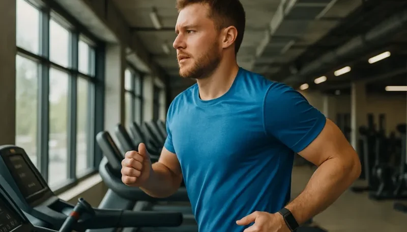 Muškarac trči na traci u teretani, fokusiran i ozbiljan – pitanje da li previše kardio treninga utiče na rezultate.