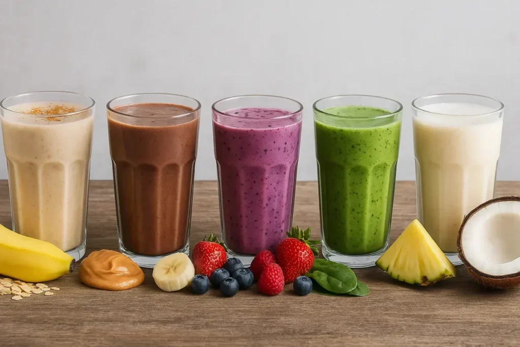 Pet proteinskih šejkova u čašama – banana, čokolada, bobičasto voće, zeleni detox i kokos sa ananasom.