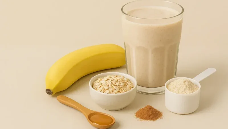 Banana proteinski šejk sa ovsenim pahuljicama, mlekom i medom u visokoj čaši, pored banane i ovsenih pahuljica.