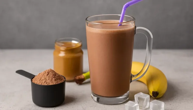 Čokoladni proteinski šejk sa kikiriki puterom i bananom u visokoj čaši, pored kašike putera i koluta banane.