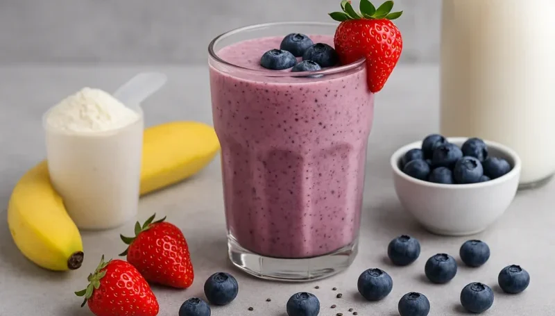 Ljubičasti proteinski šejk od jagoda, borovnica i banane u čaši, pored svežeg bobičastog voća.