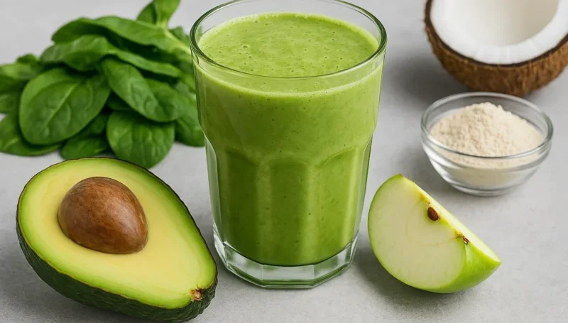 Zeleni proteinski detox šejk sa spanaćem, avokadom i jabukom u čaši, pored listova spanaća i jabuke.