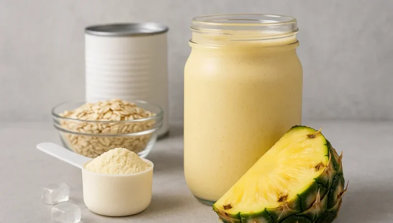 Kremasti kokosov šejk sa ananasom i ovsenim pahuljicama u čaši, pored polovine kokosa i komada ananasa.