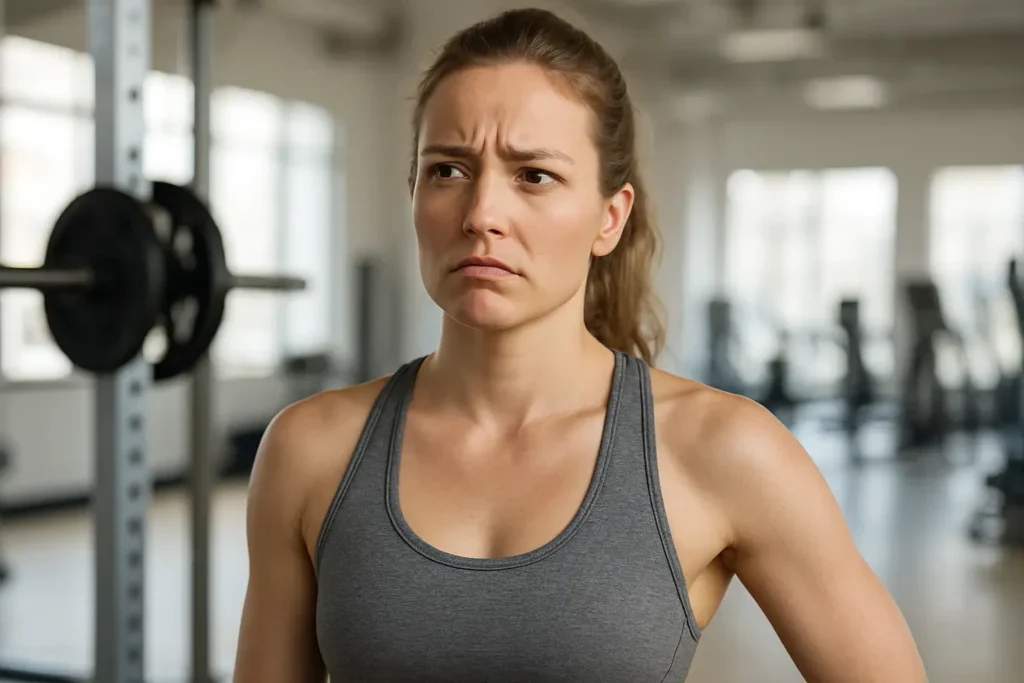 Zbunjena žena u sportskoj odeći stoji u teretani, razmišlja o rezultatima treninga i ishrane.