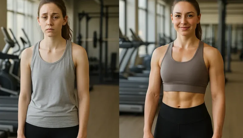 Uporedna fotografija žene u teretani – levo iscrpljen izgled u deficitu, desno snažno i definisano telo u suficitu.