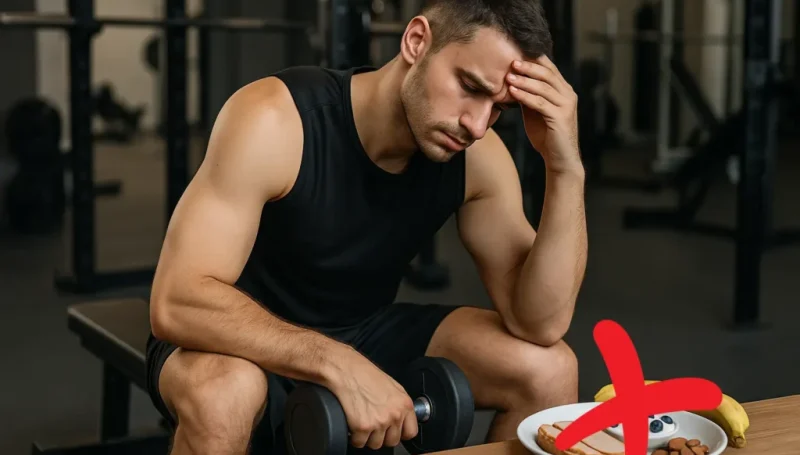 Vežbač u teretani deluje iscrpljeno dok gleda u tanjir sa malim obrokom – preskakanje obroka pre treninga.