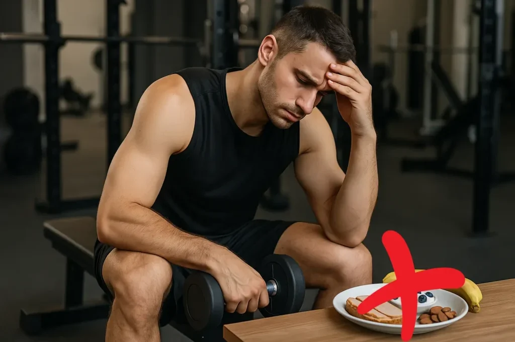 Vežbač u teretani deluje iscrpljeno dok gleda u tanjir sa malim obrokom – preskakanje obroka pre treninga.