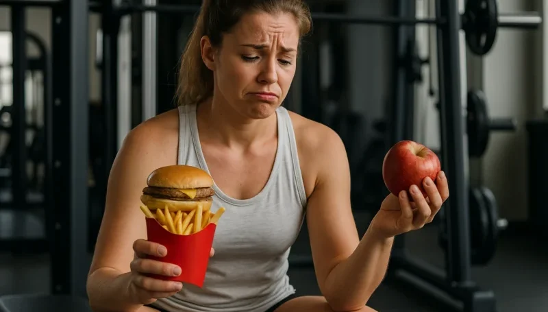 Zbunjena žena u teretani bira između brze hrane i jabuke – ilustruje grešku u ishrani posle treninga.