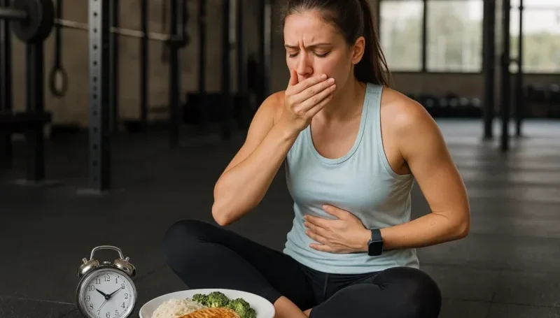 Fit žena u teretani drži stomak i zijeva ispred tanjira sa zdravim obrokom i satom – loš tajming ishrane pre treninga.