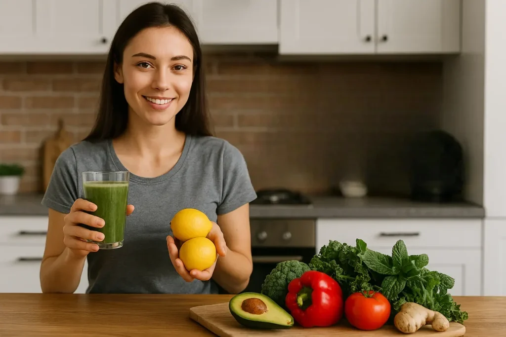 Žena drži limun i zeleni smoothie, sedi u kuhinji pored svežeg povrća kao što su paprika, paradajz, avokado i kelj – prirodni načini za ubrzavanje metabolizma.
