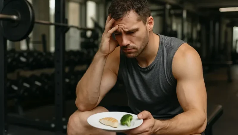 Frustrirani muškarac u teretani sa tanjirom dijetalne hrane – spor metabolizam i prirodni načini za njegovo ubrzanje.