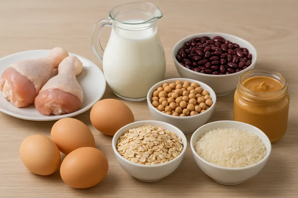 Jeftine proteinske namirnice za mišićni rast – jaja, pileći bataci, mleko, pasulj, leblebije, ovsene pahuljice, pirinač i kikiriki puter na drvenoj podlozi.