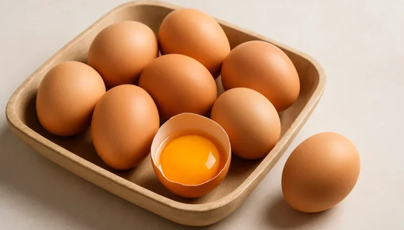 Sirova jaja u drvenoj posudi sa jednim razbijenim jajetom koje otkriva žumance – bogat prirodni izvor proteina za rast mišića.