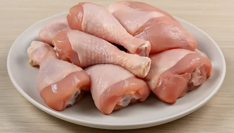 Sirovi pileći bataci i karabataci na belom tanjiru – pristupačan izvor proteina za izgradnju mišićne mase.