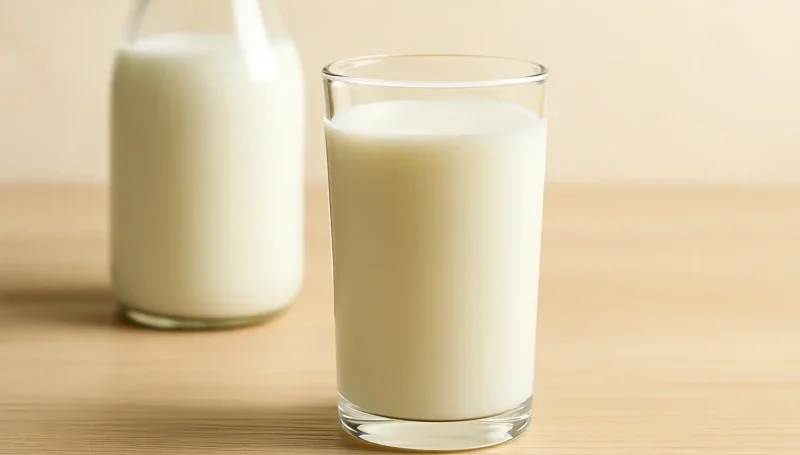 Čaša mleka i staklena boca na drvenoj površini – jednostavan i pristupačan napitak za podršku mišićnom rastu.