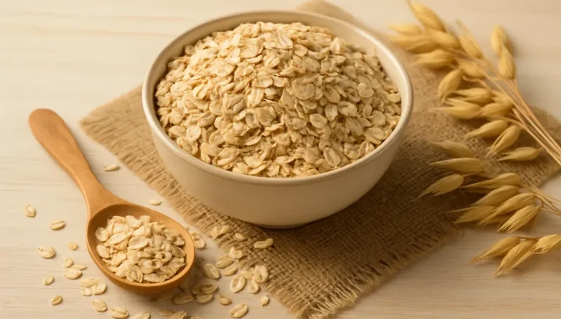 Činija ovsenih pahuljica sa drvenom kašikom i klasjem ovsa na svetloj podlozi – zdrav i pristupačan izbor za obrok bogat vlaknima.