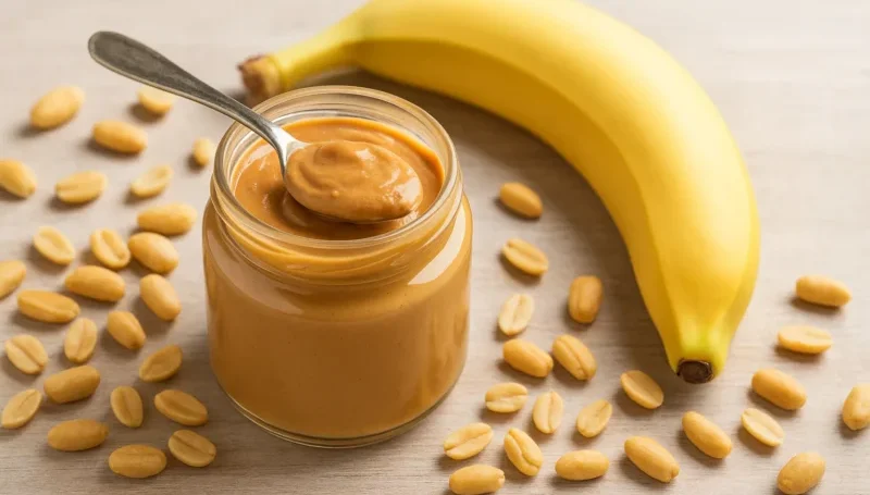 Tegla kikiriki putera sa kašikom, zrela banana i zrna kikirikija na svetloj podlozi – kaloričan i hranljiv dodatak obrocima za mišićnu masu.