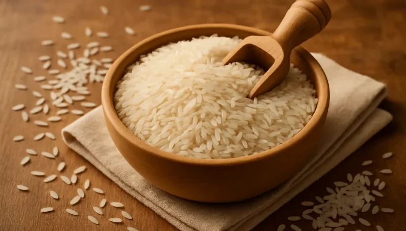 Drvena činija puna belog pirinča sa kašikom na rustičnoj podlozi – jednostavan i zasitan izvor ugljenih hidrata za sportsku ishranu.