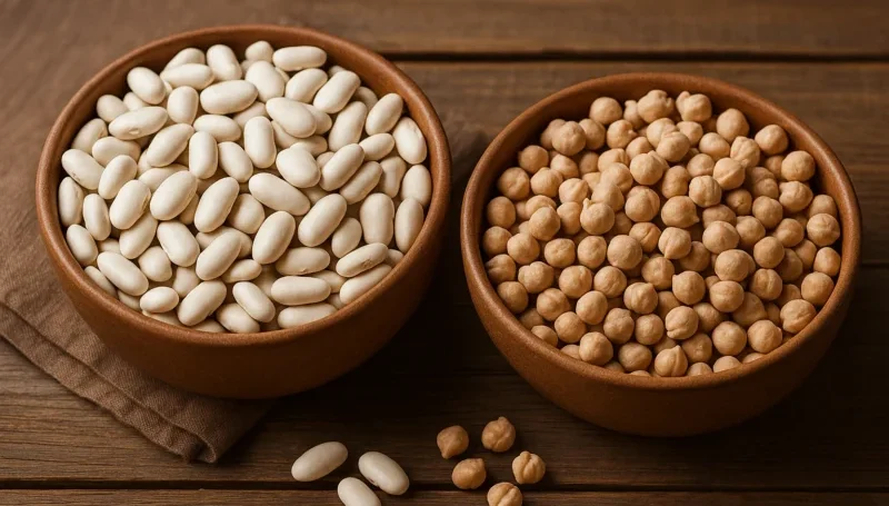 Dve drvene činije sa belim pasuljem i leblebijama na tamnoj drvenoj podlozi – povoljan biljni izvor proteina i vlakana.