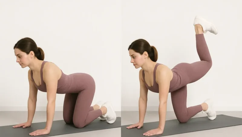 Vežbačica prikazuje izvođenje Donkey kicks vežbe u dve faze – četvoronožni početni položaj i podizanje noge unazad za aktivaciju gluteusa.