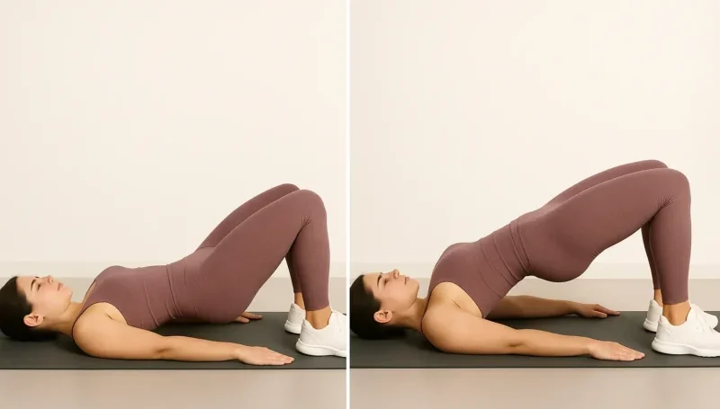 Žena izvodi glute bridge vežbu u dve faze – početni i krajnji položaj, fokus na aktivaciju gluteusa bez opterećenja kolena.