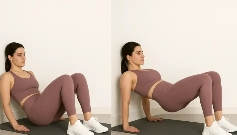 Vežbačica demonstrira hip thrust bez klupe u dve faze – početni i podignuti položaj, oslonjena na pod uz zategnute gluteuse i savijena kolena.