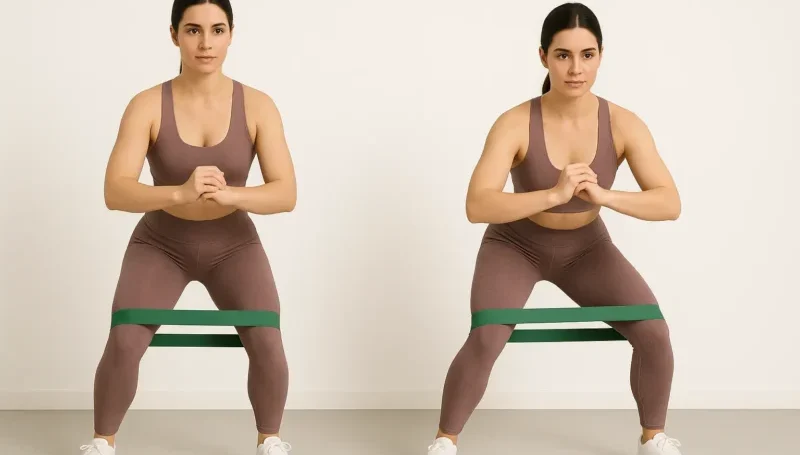 Žena demonstrira banded side steps vežbu sa elastičnom trakom oko nogu – bočno kretanje u blago spuštenoj poziciji, fokusirano na gluteus medius.