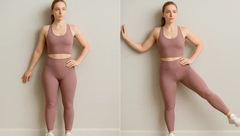 Žena izvodi bočno podizanje noge iz stojećeg položaja uz oslonac na zid – prikaz početne i krajnje faze vežbe za aktivaciju bočnih mišića zadnjice.