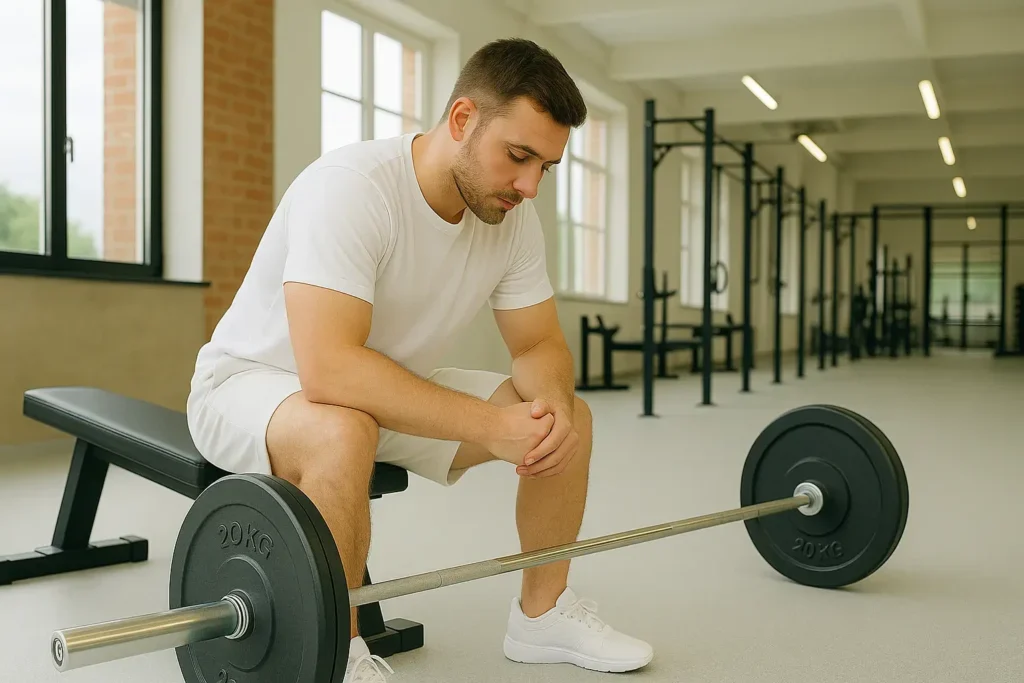 Muškarac u beloj sportskoj opremi sedi na klupi u teretani, odmara ispred šipke sa tegovima – ilustracija za deload nedelju u treningu.