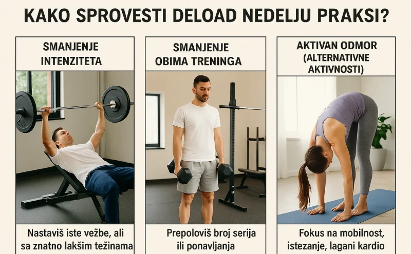 Tri prikaza kako sprovesti deload nedelju u praksi – smanjenje intenziteta, smanjenje obima treninga i aktivan odmor kroz mobilnost i istezanje.