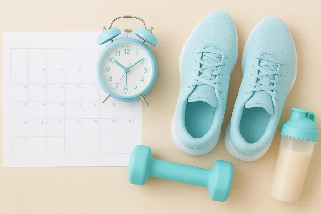 Fitnes oprema na svetloj podlozi – patike, teg, šejker, sat i kalendar kao simbol doslednosti u treningu.