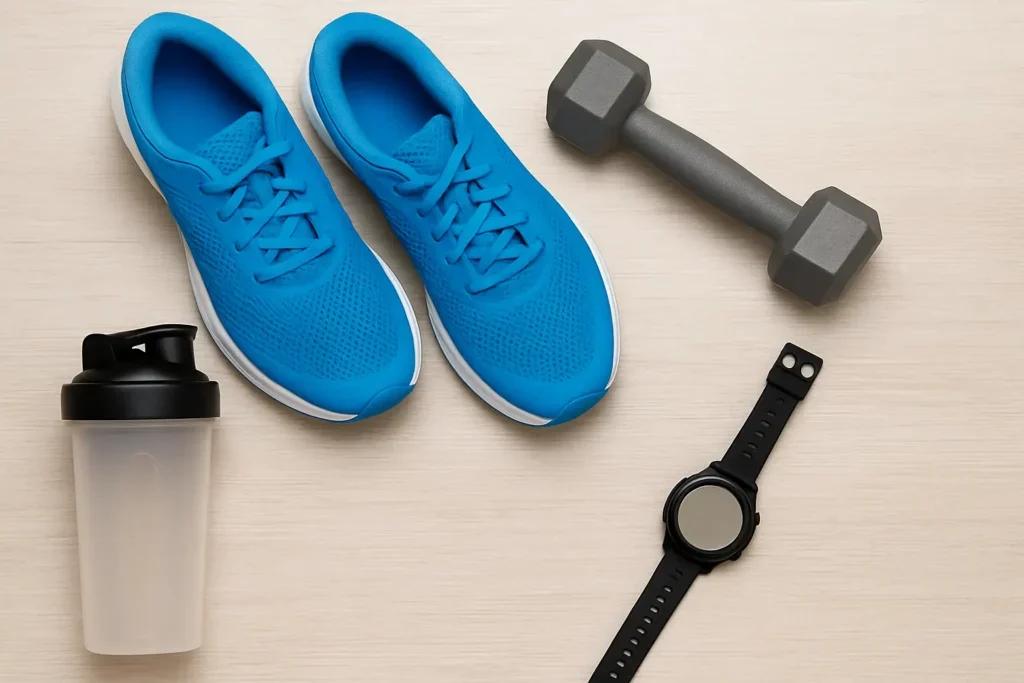 Fitnes oprema na svetloj podlozi – plave patike, sivi teg i šejker simbolizuju pauzu od treninga i povratak u formu.