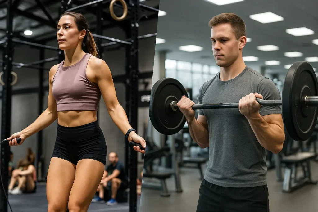 Poređenje CrossFit i teretana treninga – žena izvodi preskakanje konopca u CrossFit sali, dok muškarac radi biceps pregib u klasičnoj teretani.