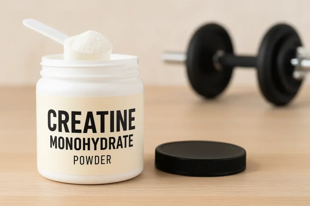 Kreatin monohidrat u prahu sa kašičicom na stolu, u pozadini teg za vežbanje – suplement posle treninga.