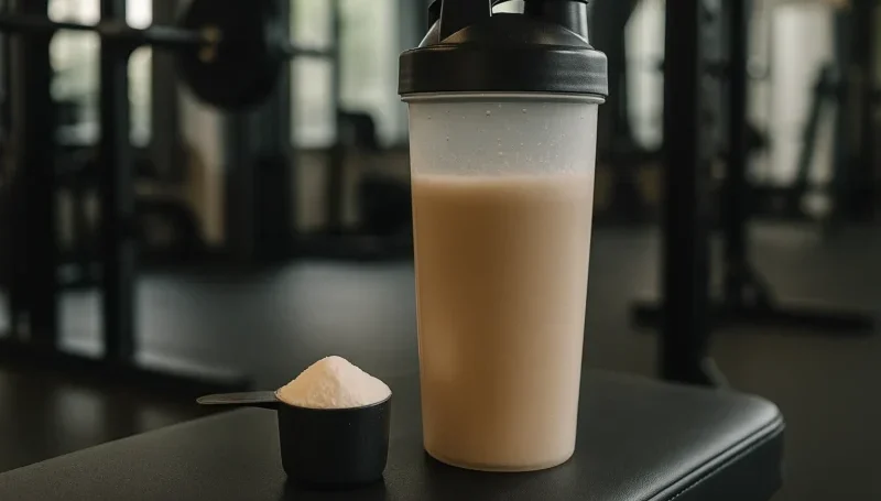 Kreatin prah i proteinski šejk na stolu posle treninga u teretani.