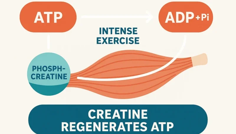 Infografika: kako kreatin obnavlja ATP u mišićima tokom intenzivnog treninga.