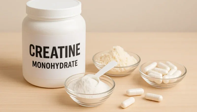 Kreatin monohidrat u plastičnoj kutiji i različite vrste kreatina na stolu.