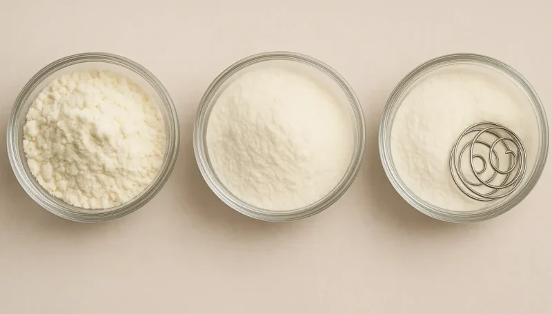 Tri staklene činije sa različitim vrstama whey proteina – koncentrat, izolat i hidrolizat, uz metalnu kuglicu za šejker.