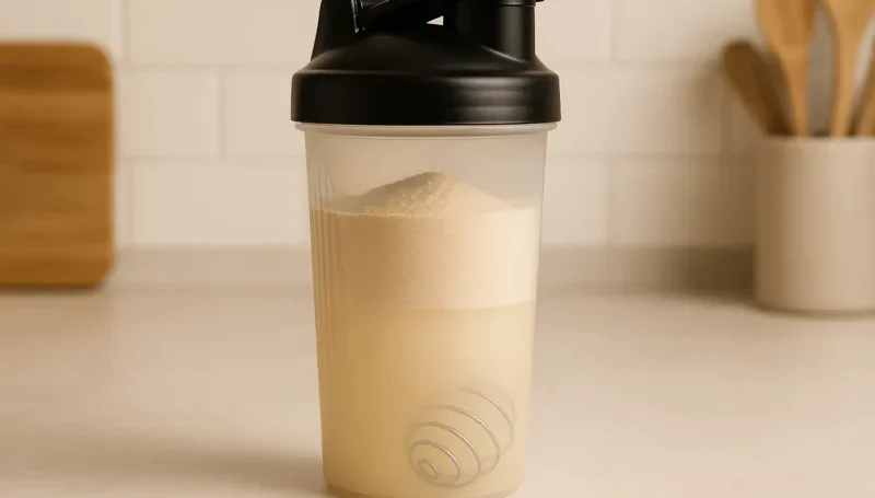 Shaker boca sa whey proteinom i metalnom kuglicom za mućkanje, spremna za pripremu napitka na kuhinjskoj radnoj površini.