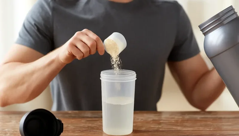 Muškarac u sivoj majici sipa whey protein prah u šejker sa vodom, pripremajući proteinski napitak.