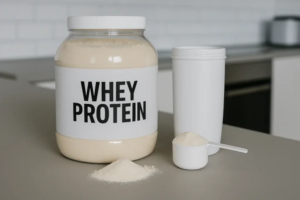 Velika tegla sa oznakom Whey Protein, merica sa prahom i shaker boca na kuhinjskoj radnoj površini u modernom enterijeru.