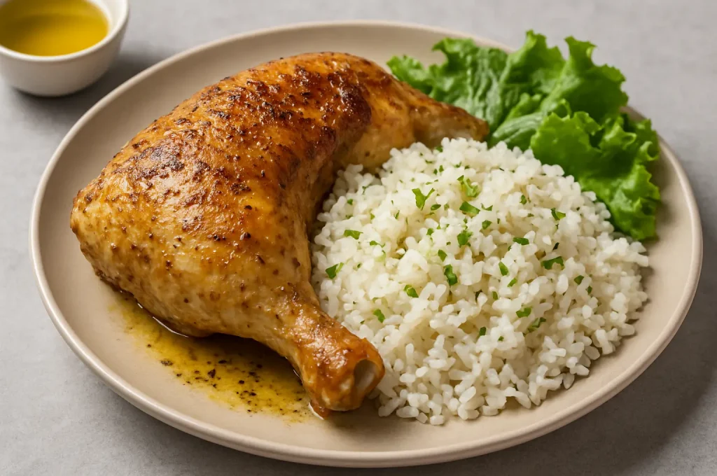 Pileći batak sa pirinčem i maslinovim uljem na tanjiru, uz list zelene salate – visokokaloričan obrok za mišićnu masu.