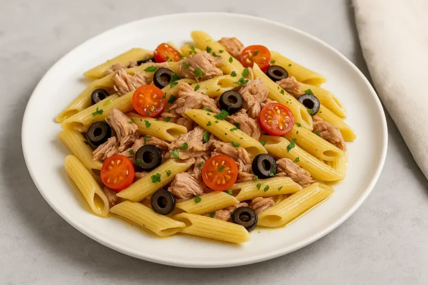 Pasta sa tunjevinom, crnim maslinama i čeri paradajzom na belom tanjiru – visokokaloričan obrok za mišićnu masu.