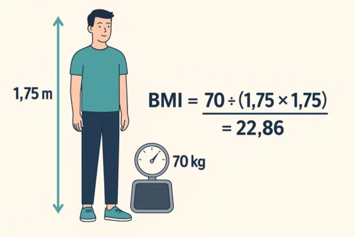 Ilustracija izračunavanja BMI indeksa na primeru osobe visine 1,75 m i težine 70 kg.