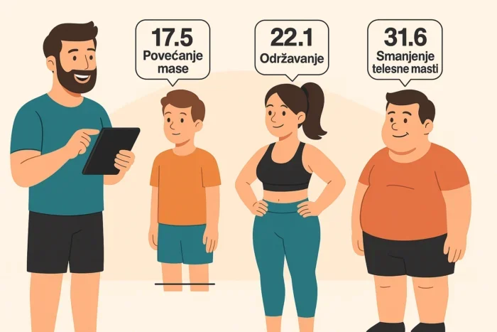 Fitness trener objašnjava BMI rezultate troje klijenata sa različitim ciljevima: povećanje mase, održavanje i smanjenje telesne masti.